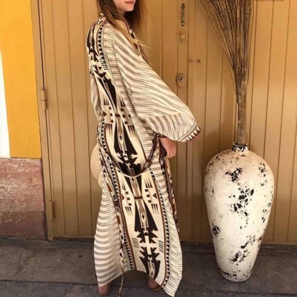 NEW Boho Southwestern Kimono Duster Maxi Cardigan Tribal Tan Black - Picture 9 of 12